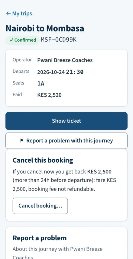 A confirmed booking in My trips showing the seat and the amount paid.